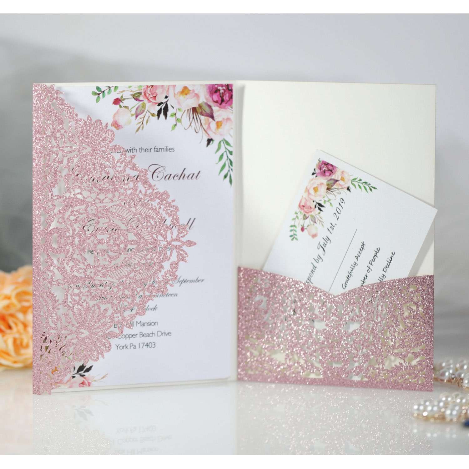 Glitter Marriage Invitation Card With Envelope Laser Cut Greeting Card Wholesale